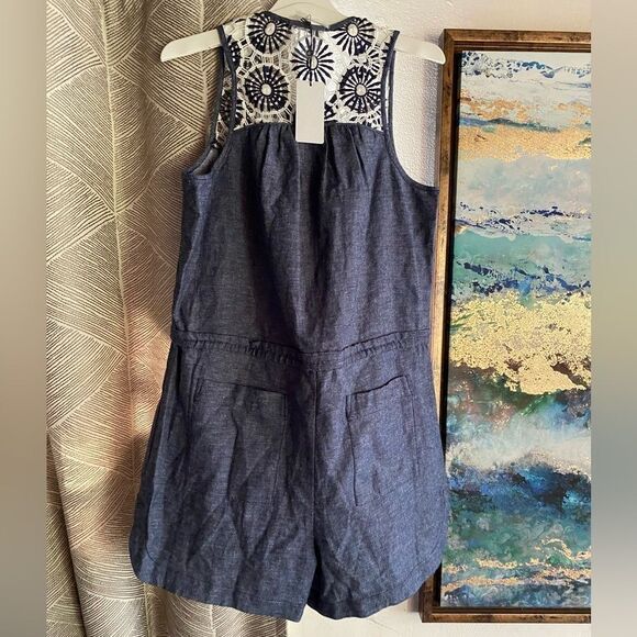 Current Air  Romper Women Sz Small Denim Blue Crochet Pockets NEW - Picture 2 of 11